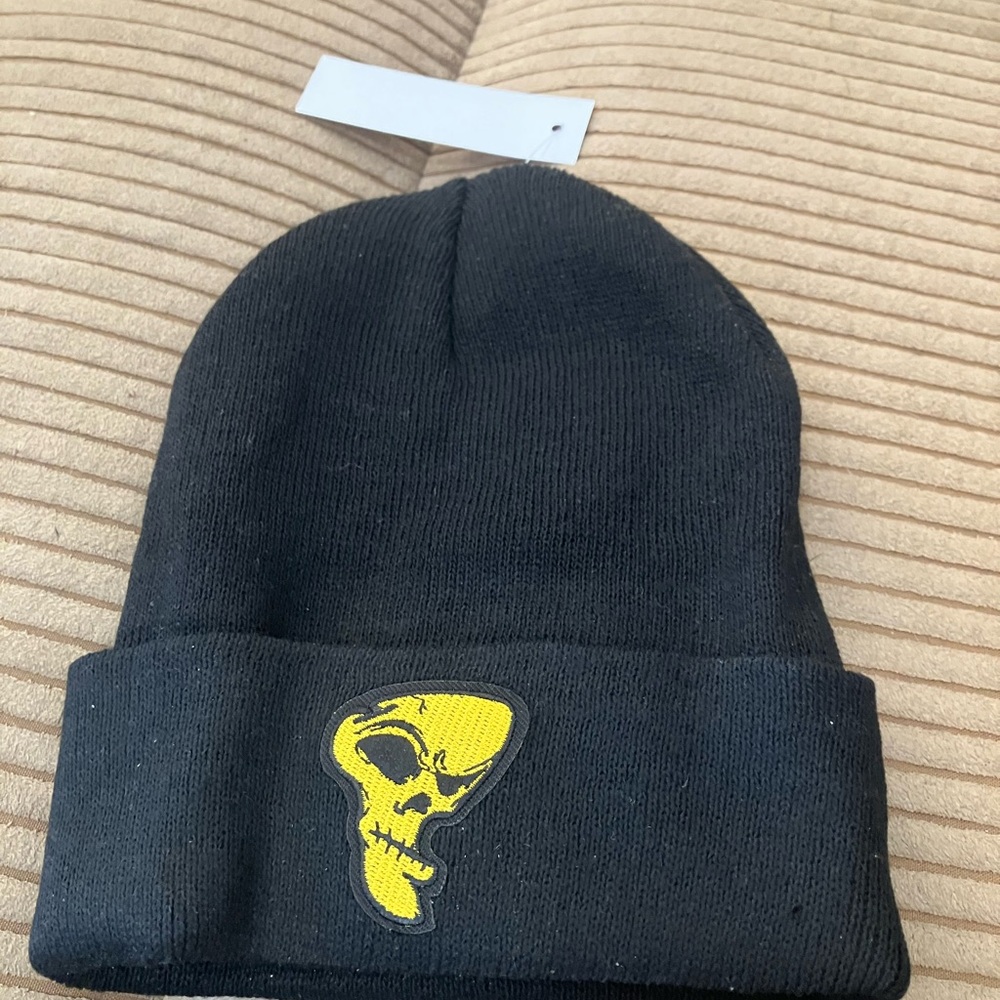 Black Beanie with Yellow Skull Patch